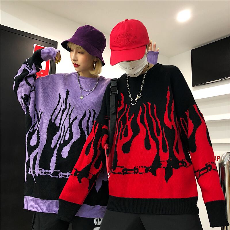 OOTDstudioシリーズ】☆セーター☆ 2color トップス 炎 ほのお 炎柄  