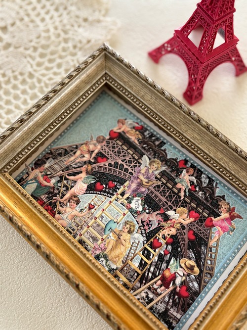 フランス雑貨 ポストカード B エッフェル塔 天使 Ange ハート Paris グリッター 額装 インテリア小物 文具