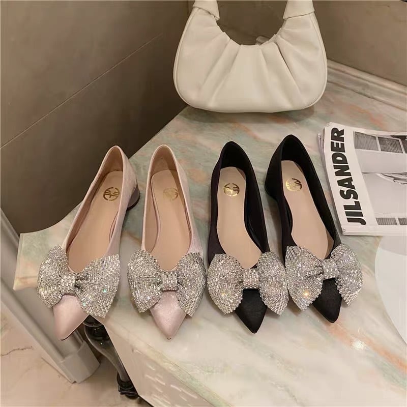 2カラー】キラキラ リボン ラインストーン パンプス 靴 黒 ベージュ