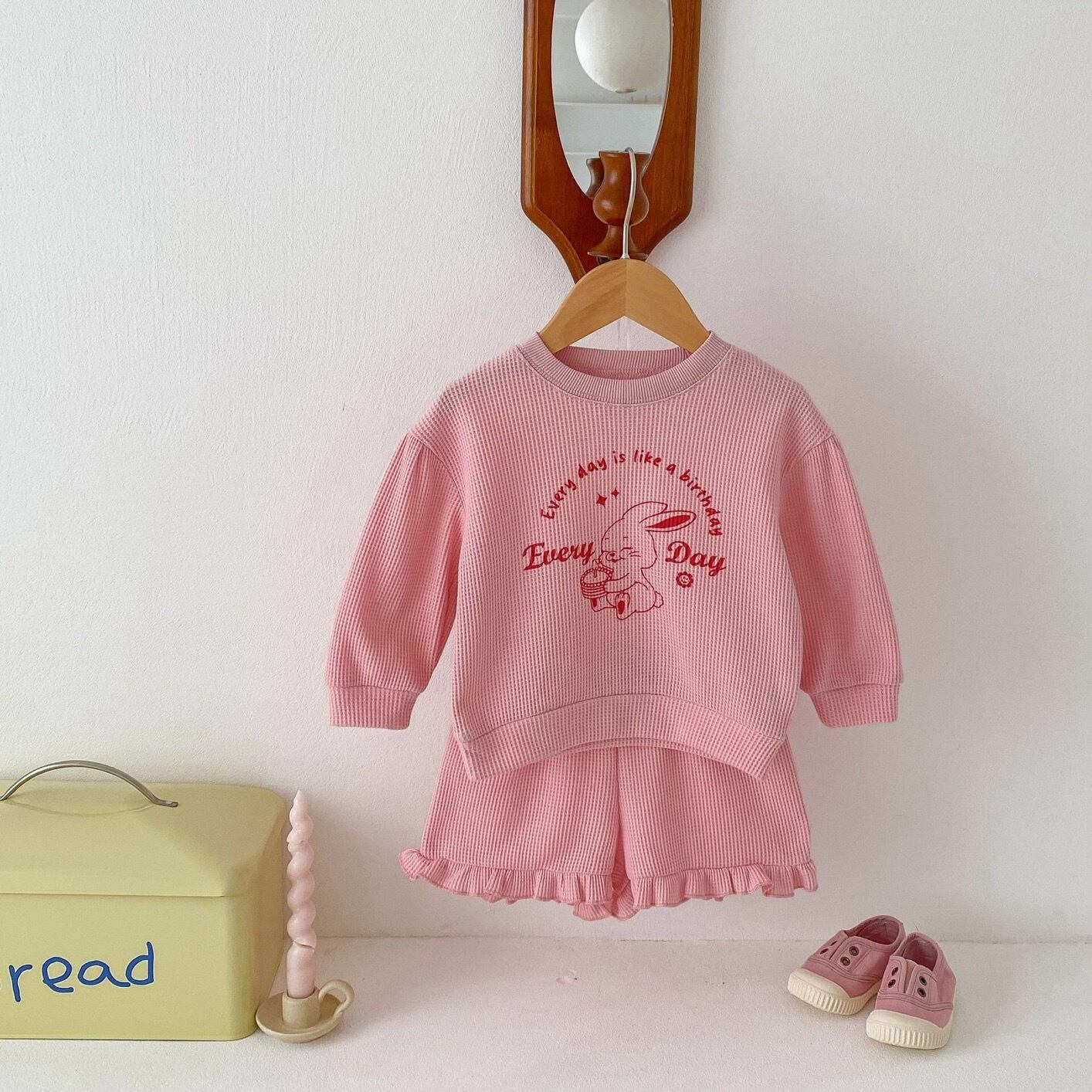 幼児キッズ女の子うさぎ長袖セットアップ ワッフルコットン かわいい春 