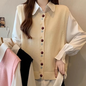 【2点セット】3色/ラウンドボタンニットベスト+キャンディスリーブビッグブラウス ・75310 【2点セット】3色/ラウンドボタンニットベスト+キャンディスリーブビッグブラウス ・75310