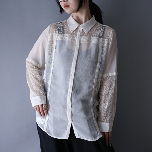 "chico's" switching lace fabric design sheer shirt