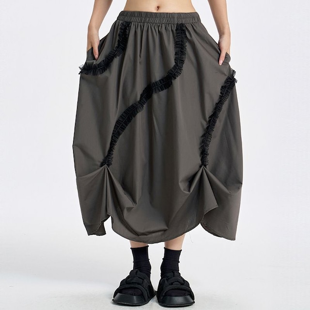 ASYM RUFFLED TRIM ELASTIC WAIST MIDI SKIRT M-17858