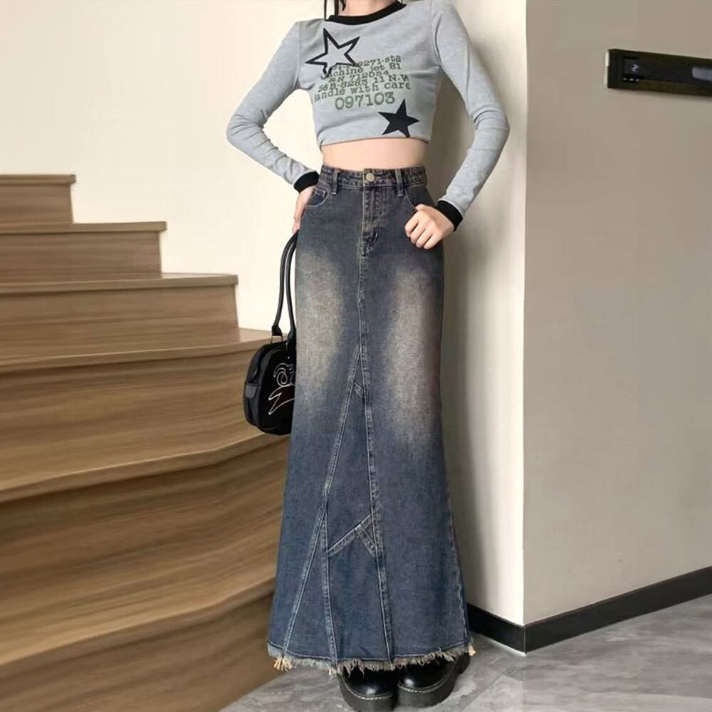 デニム スカート ロング レディース 韓国 マーメイドスカート ブリーチ加工 おしゃれ きれいめ 大人 カジュアル ハイウエスト ヴィンテージ レトロ 美ライン ロングスカート 大人可愛い 大人女子