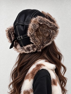 2way leather×fur flight cap／Black【ユニセックス】