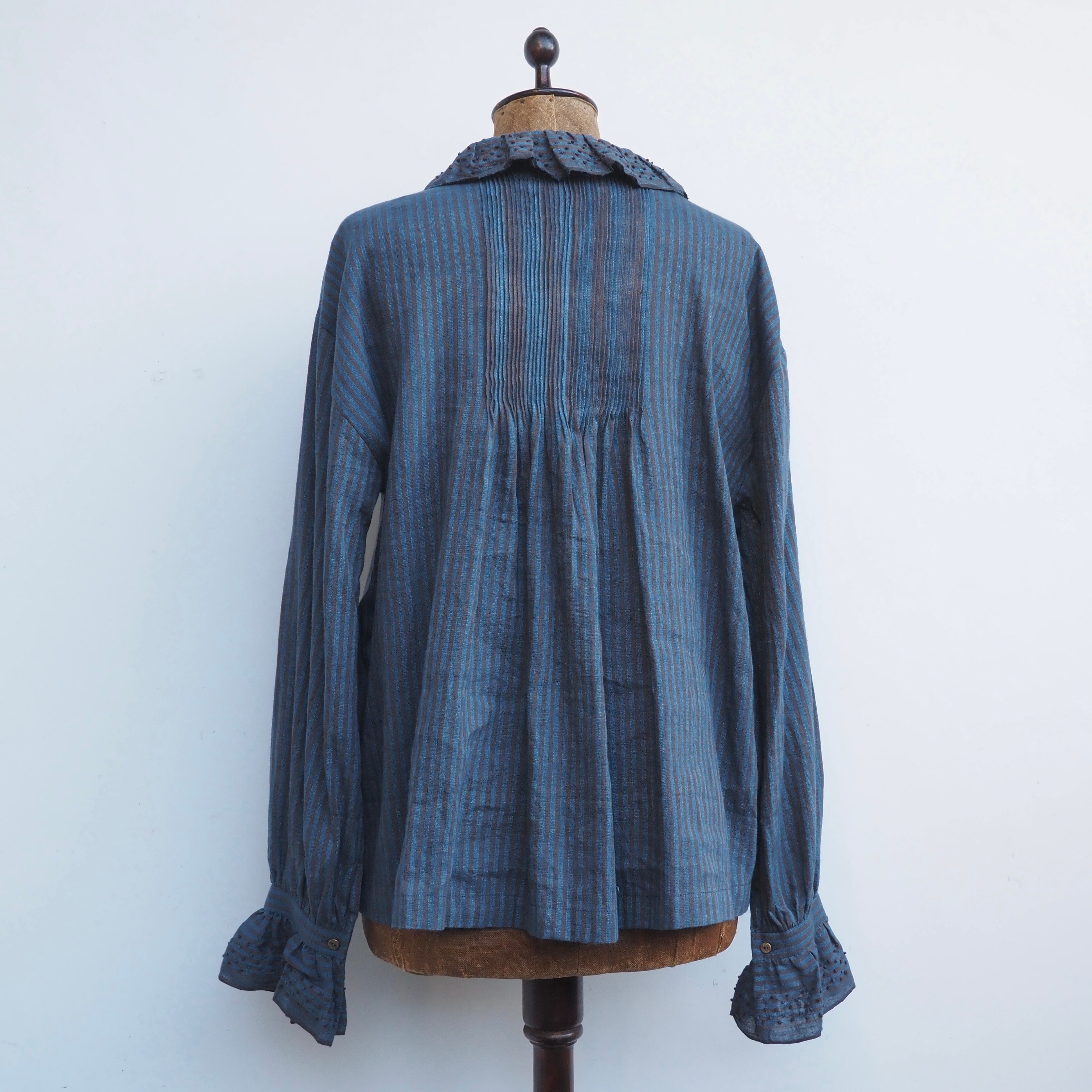 BUNON/Embroidery Frill Blouse /ブラウス(Brown×Blue strip)