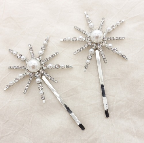 H-141　ウェディング アクセサリー【スター パール ヘアピン シルバー 2本セット】ブライダル 髪飾り