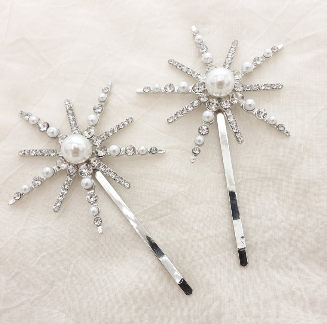 H-141 ウェディング アクセサリー【スター パール ヘアピン シルバー 2本セット】ブライダル 髪飾り