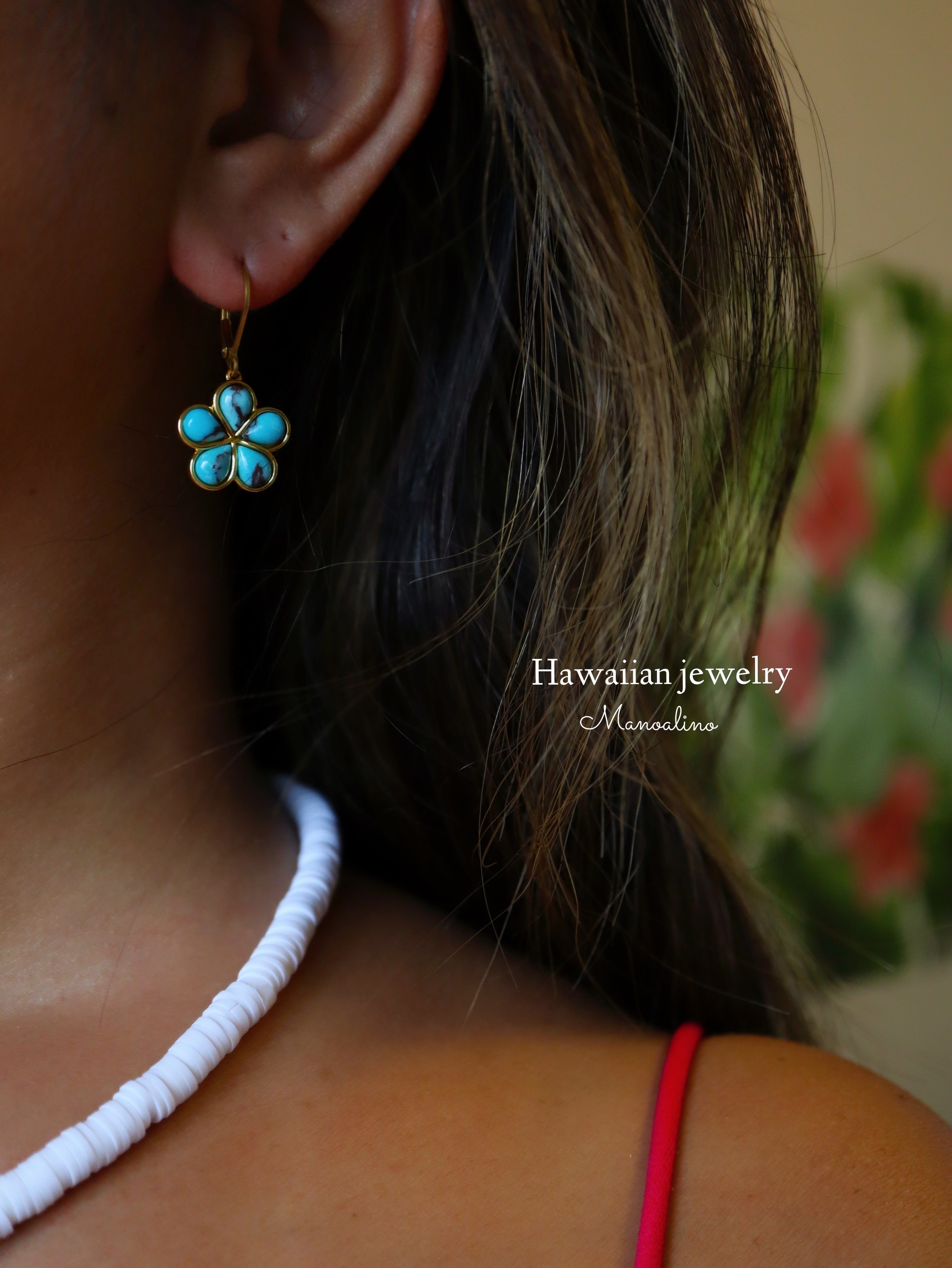 天然石とプルメリアピアス イヤリング Plumeria turquoise earrings Hawaiianjewelry(