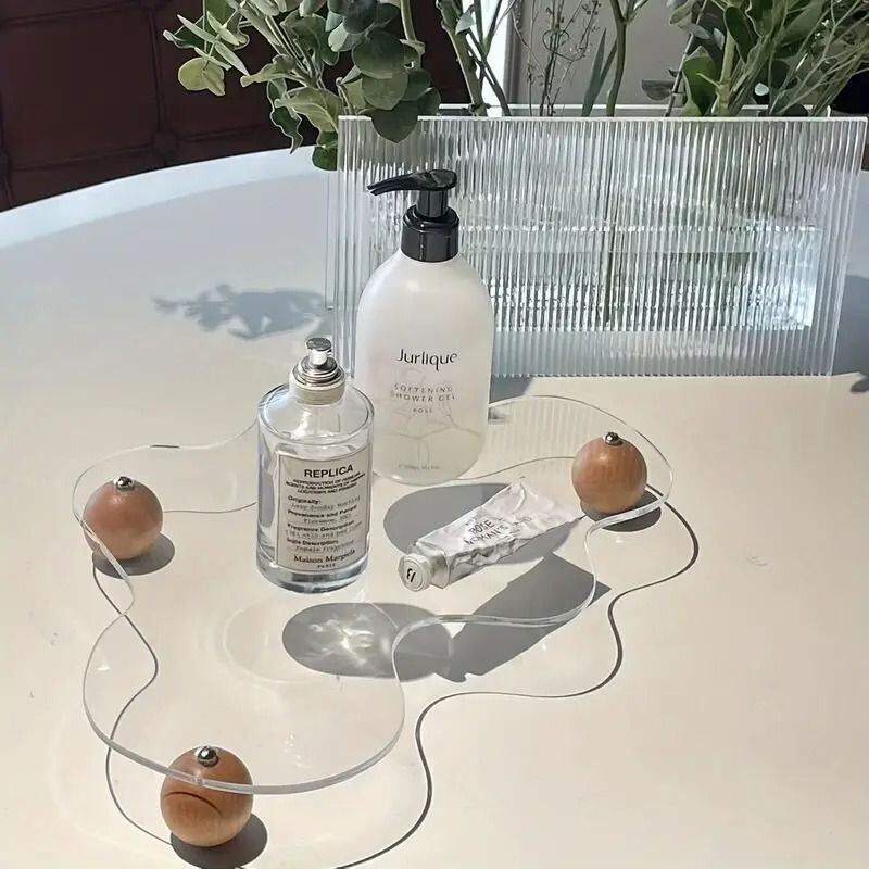 インテリアトレイ 小物置き ディスプレイトレイ 透明 アクリル 木製 脚
