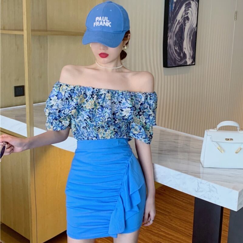 サマースタイルスリムフローラルブラウス ハイウェストウェストソリッド カラースカート レディース 夏物 花柄 ソリッドカラー YY-ファッション20633414870