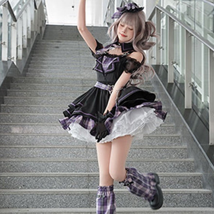サブカル地雷系アイドル衣装 黒紫チェックワンピース