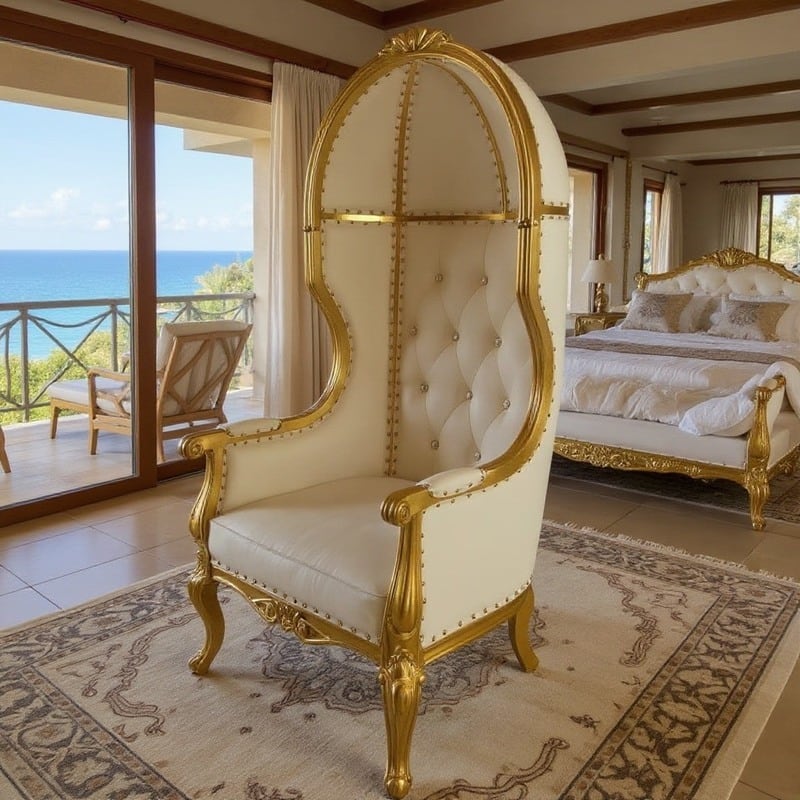 チェア ラグジュアリー ロイヤル 玉座 ホワイト おしゃれ インテリア 北欧 ゴールド カラー 装飾 椅子 いす アーム チェア ホテル リゾート ヴィラ ラウンジ
