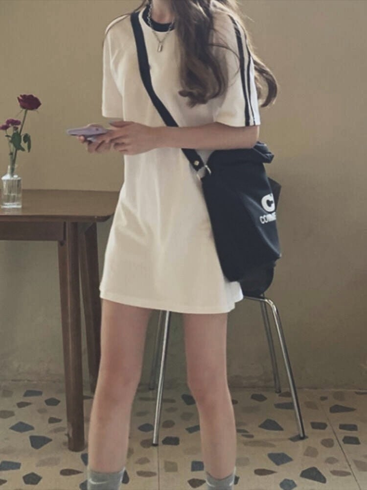 ミニ丈Tシャツワンピース カジュアルコーデ シンプル スポーティ 半袖 着痩せ 大きいサイズ 韓国 CH4477