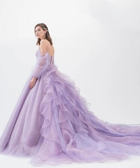 YNS ラベンダーオフショルダーチュールドレス