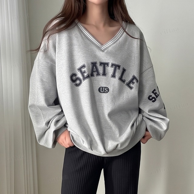 【即納】Y-5122　2026秋新作♡SEATTLE袖ロゴVネック薄手スウェット　グレー　1016