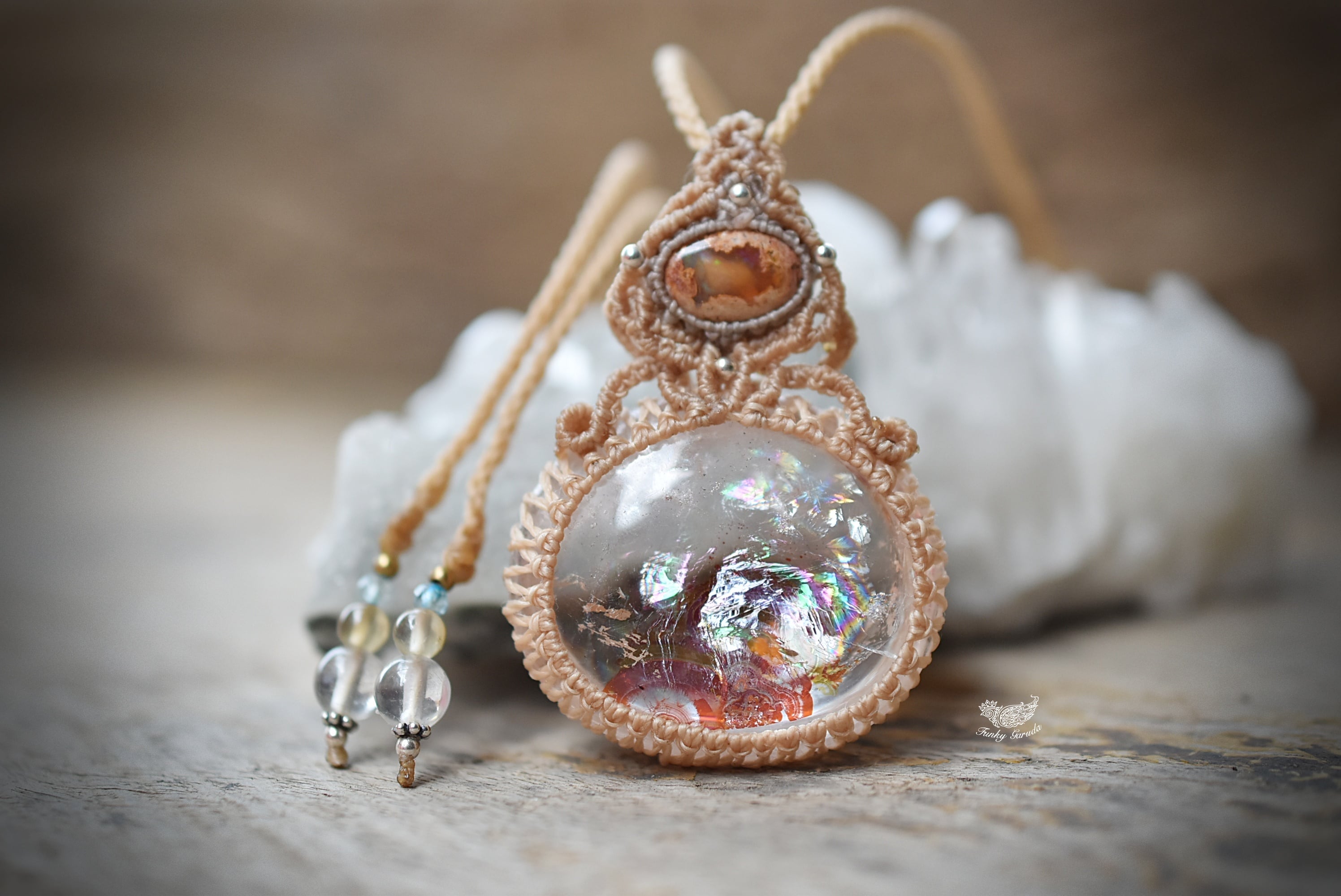 夕陽と虹★canteraopal オーロラクォーツ マクラメネックレス1035