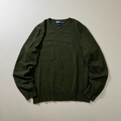 Ralph Lauren ラムウール Vネック ニット ラルフローレン カーキ XL 古着