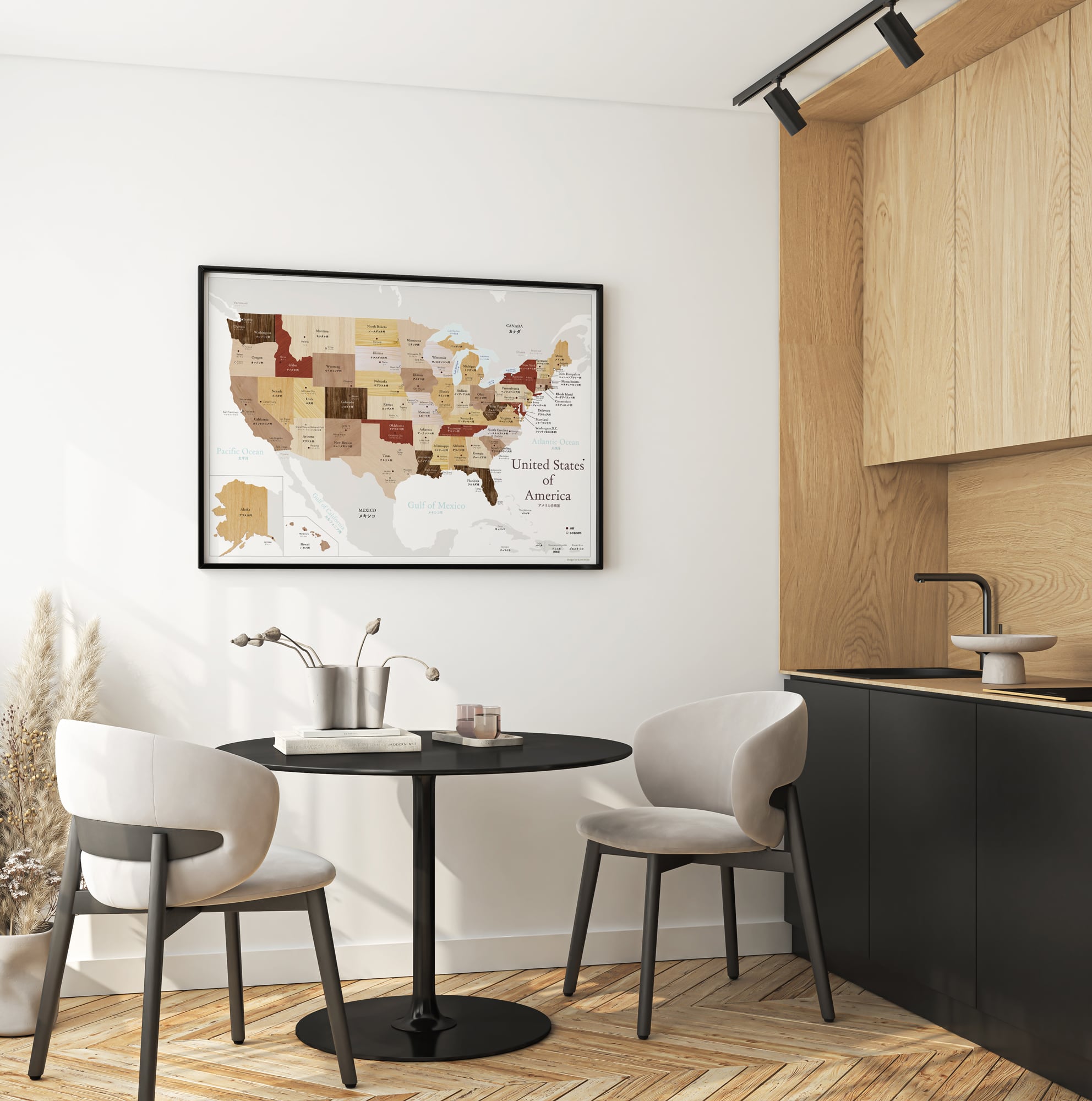 アメリカ地図 分かりやすい おしゃれなA2サイズ 木目調マップ 世界