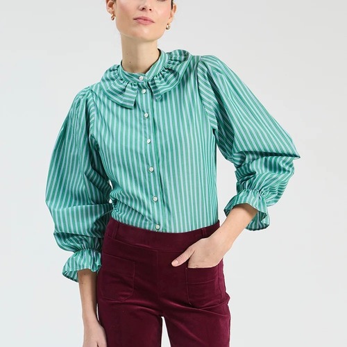 VILAGALLOグリーン✖️ブルー/ホワイストライププリントフリルシャツブラウス　SPAIN:VIL33947 ¥33,000+tax