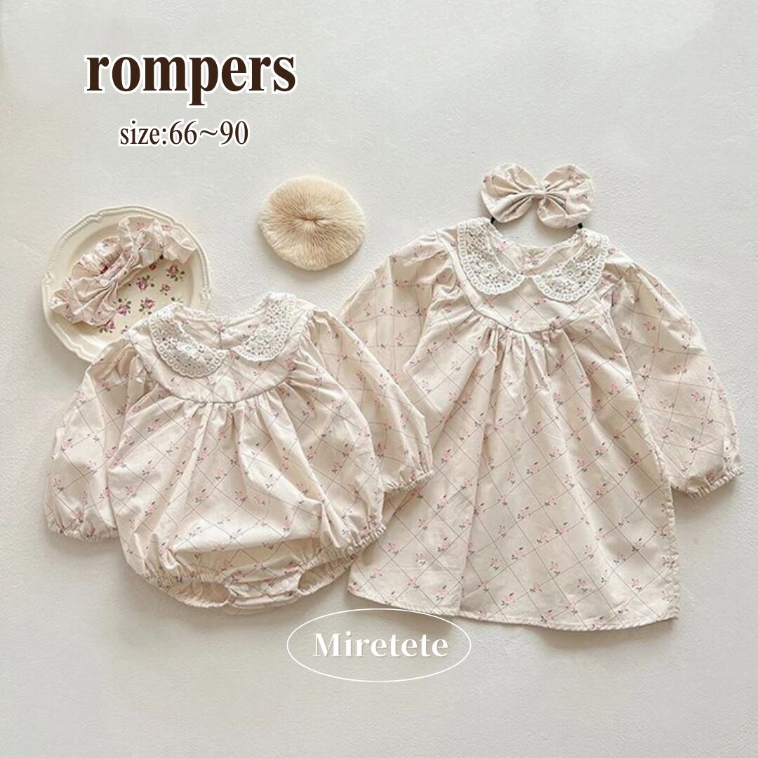 【取寄】丸襟刺繍がほんわかガーリーな花柄ロンパース