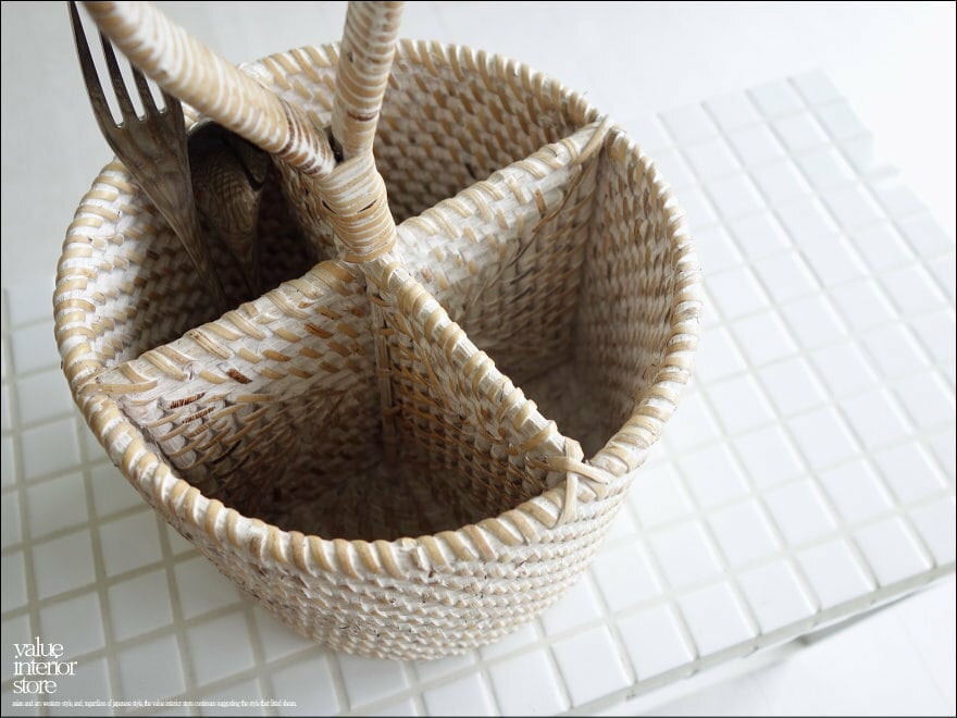 ラタンマルチスタンドWW カトラリースタンド 手編み 小物入れ 取っ手付