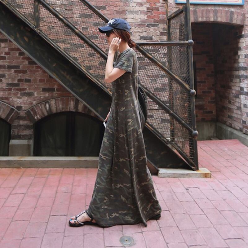 迷彩柄 マキシワンピ Tシャツワンピ ロングワンピース カモ柄 ポケット付き A561 Cunead