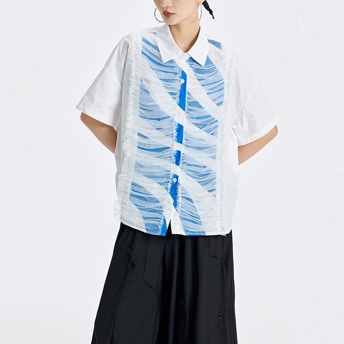 CONTRAST MESH PANEL SHORT SLEEVE RELAXED SHIRT M-17942