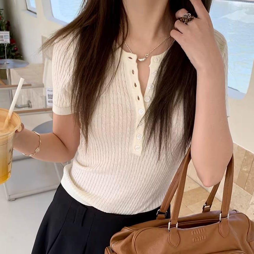 ボタンフロント クロップド丈 半袖 ニット 4color ATO0208