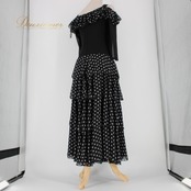 社交ダンス 衣装 スタンダード ドレス ワンピース パーティドレス ドット 水玉 白 黒 ICHIOKU イチオク ホワイト系 ブラック系 レース フリル レトロ 可愛い スカート フレア ゆったり おしゃれ 独特 デザイン 膝下 伸縮性 ポリエステル ポリウレタン 女性用 特別な日 お祝い 旅行 アウトドア イベント