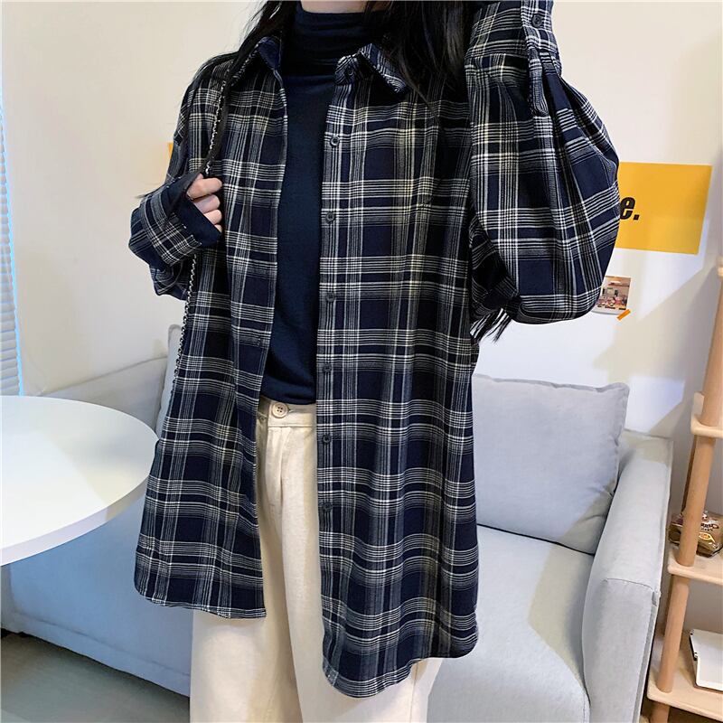 スタンダードルーズ格子柄 チェックシャツ レディースソリッド カラー