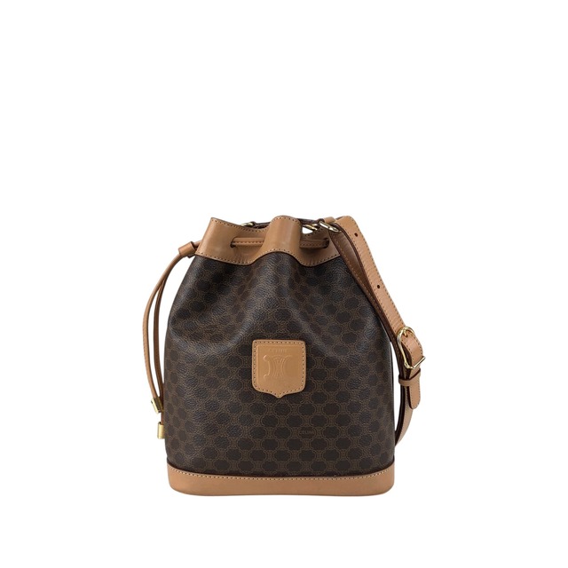 CELINE セリーヌ マカダム ショルダーバッグ ブラウン ブラゾン型押し PVC レザー 巾着 vintage ヴィンテージ オールド 3mevbd