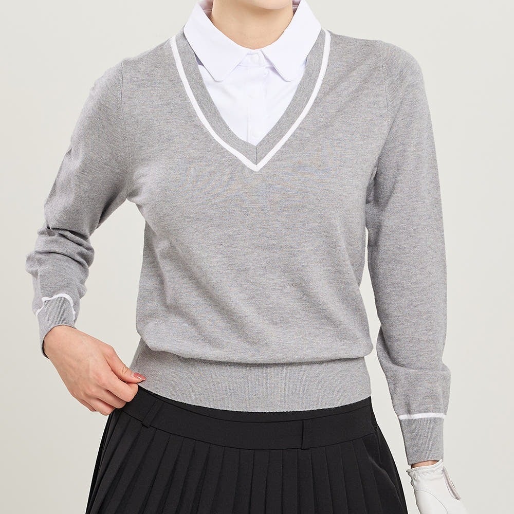 Vネックレイヤード風ニットプルオーバー