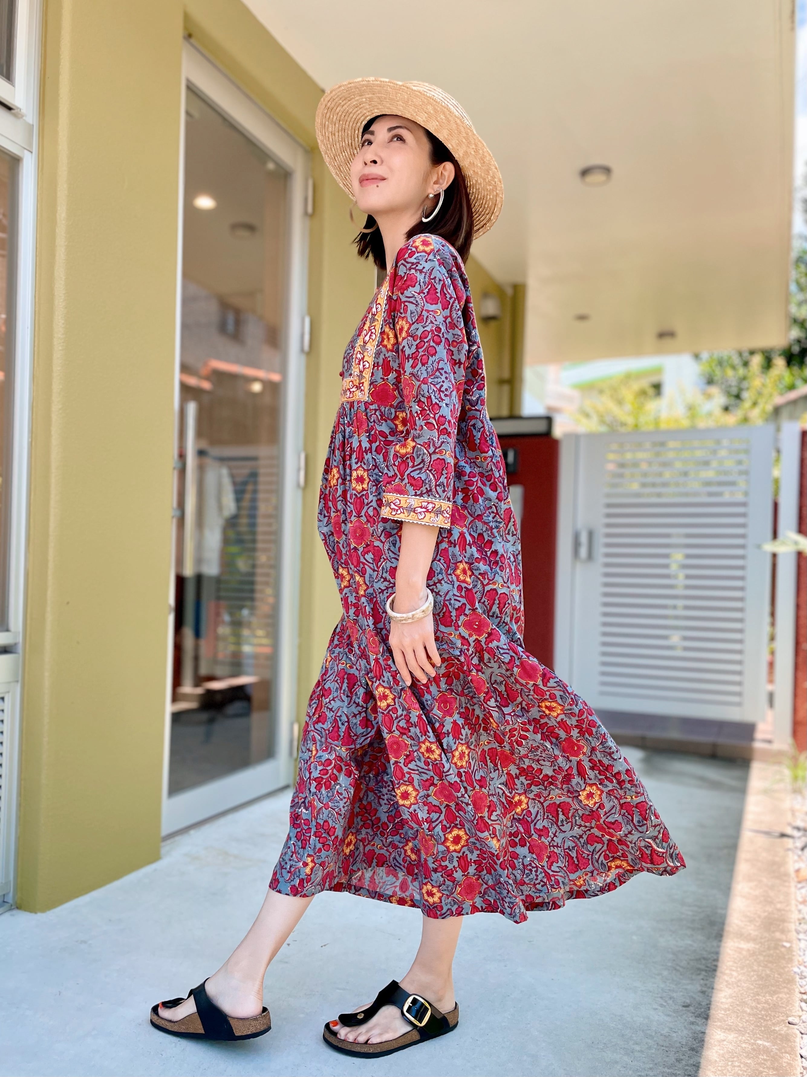 ブロックプリントワンピース / ガーネット | at okinawa