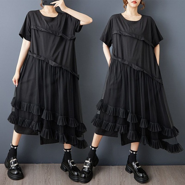 ASYMMETRIC MESH RUFFLED LOOSE MIDI DRESS M-17335