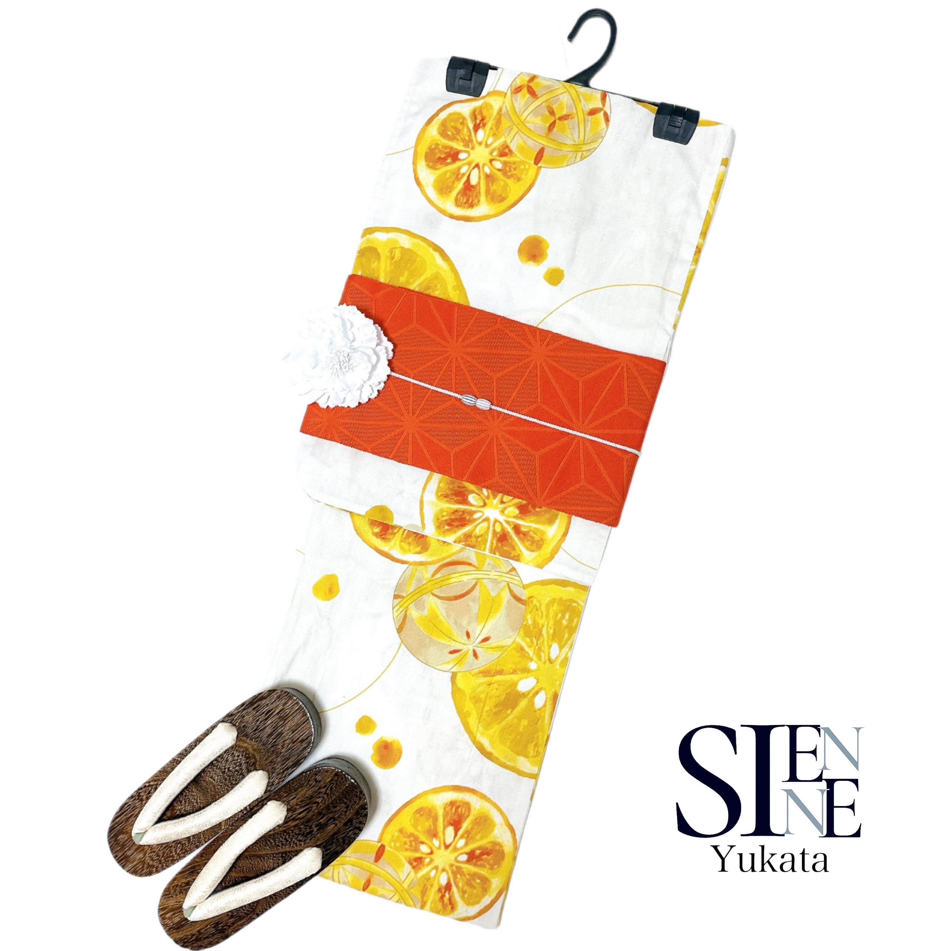 浴衣ジェンヌ 浴衣5点セット オフホワイト オレンジ柄 フルーツ 浴衣ジェンヌ 新作 浴衣5点セット オフホワイト オレンジ
