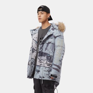 SALE 送料無料【HIPANDA ハイパンダ】男女兼用 マップ プリント ファージャケット UNISEX MAP PRINT DOWN JACKET / GRAY