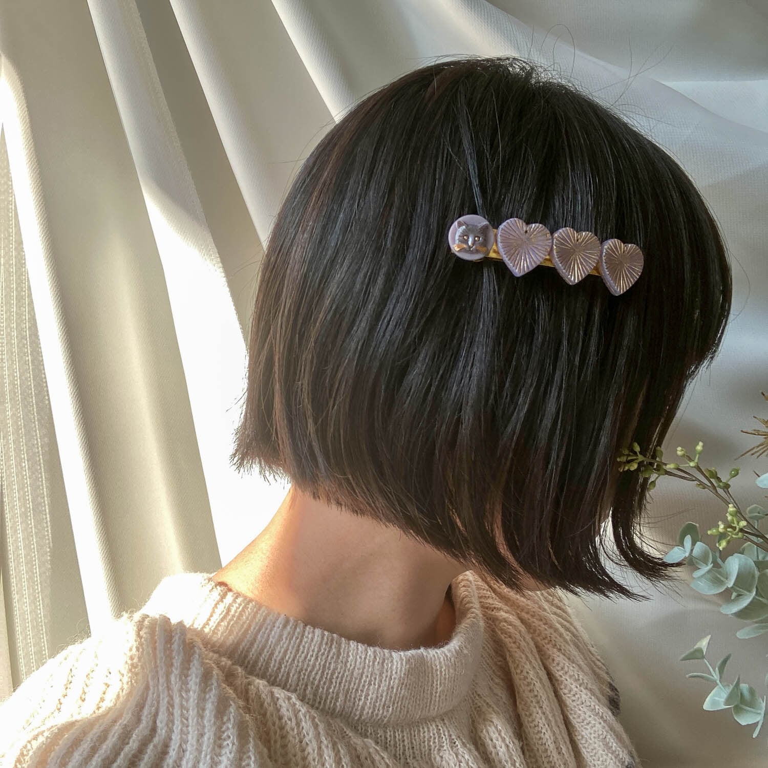 チェコ放射ハートとネコのバレッタ | Dua-アクセサリーパーツショップ