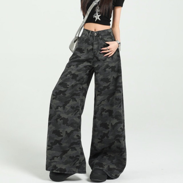 camouflage pattern denim wide full-length jeans la0722