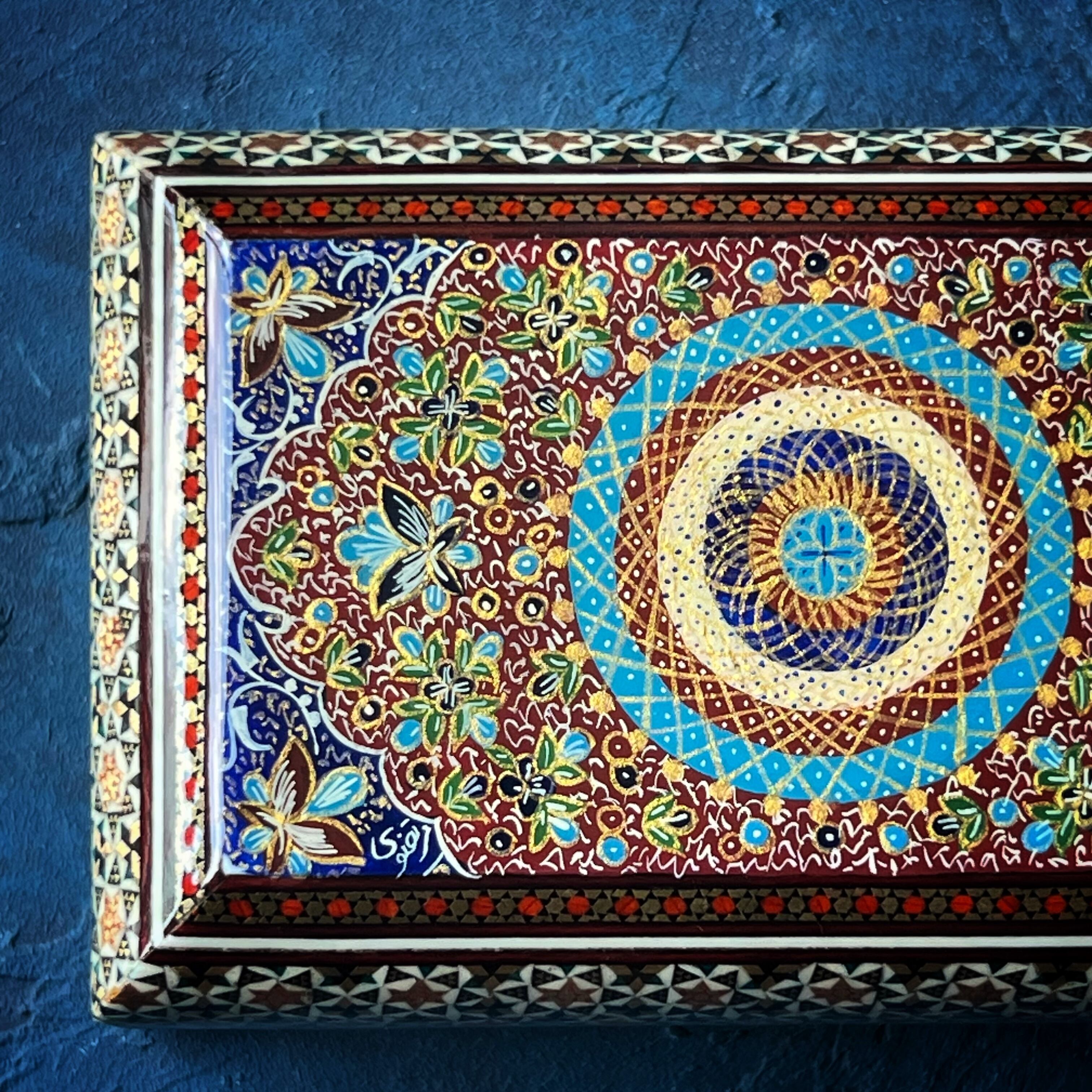 象嵌細工（ハータムカーリー）小箱 長方形 16cm レッド × ネイビー