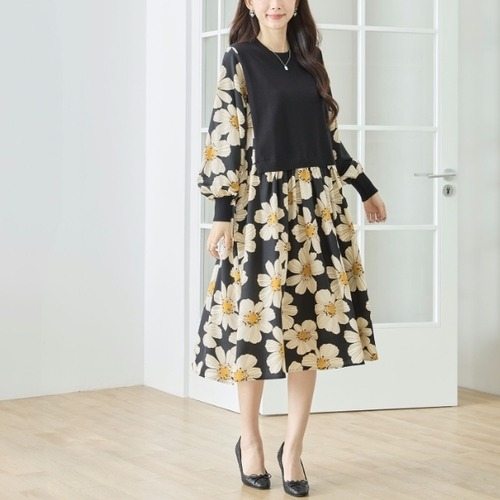 TRUBE  異素材切替 フラワープリント ワンピース レディース ニット切替 花柄 長袖 きれいめ ミセス 上品 N83-252 fmsd レディース 長袖 デイリーファッション 大人フェミニン 大人可愛い 普段着 ミセス おしゃれ着  30代 40代 50代 60代