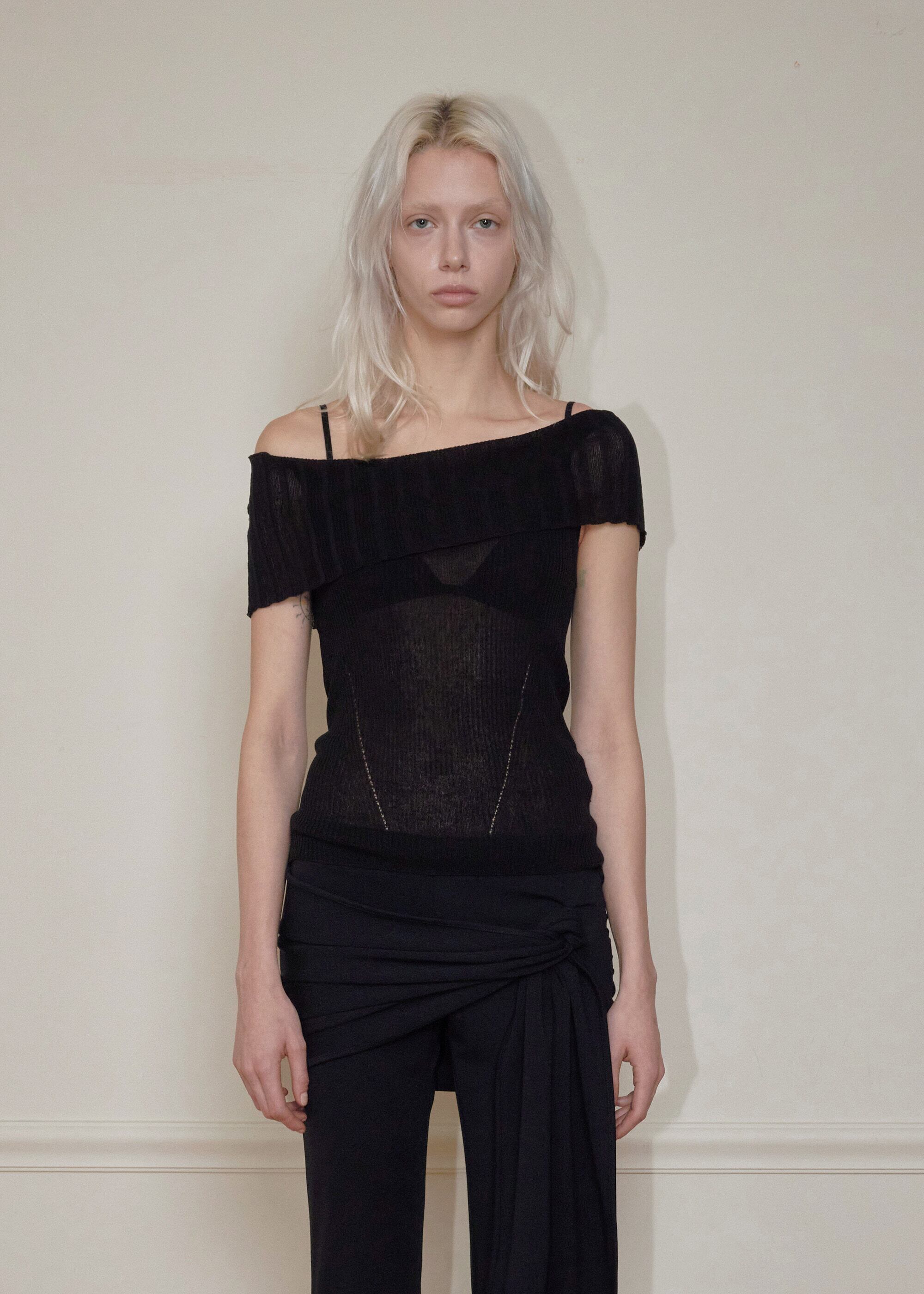 BOHEMSEO] LINEN OFF-SHOULDER KNIT, BLACK 正規品 韓国ブランド 韓国