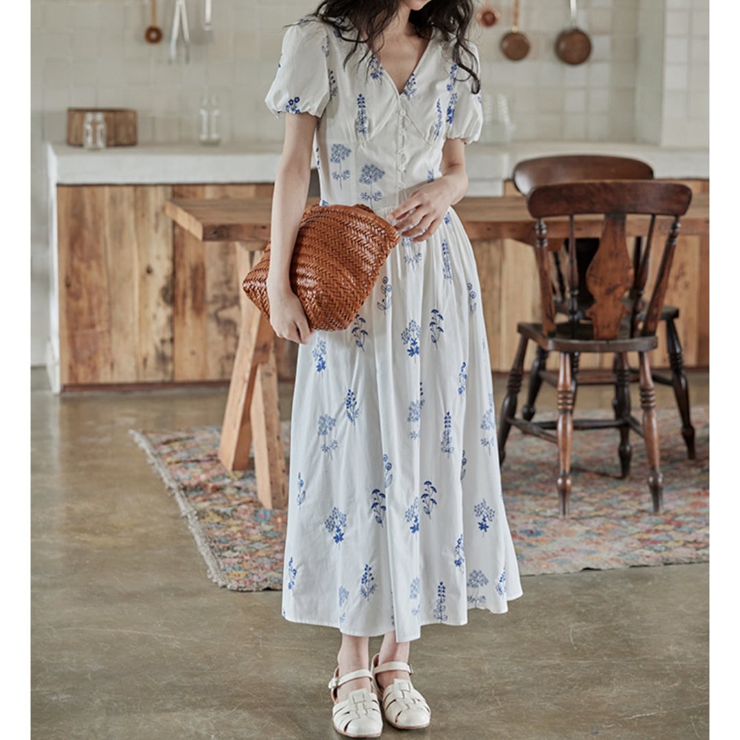 summer puff sleeve style waist white v neck floral dress