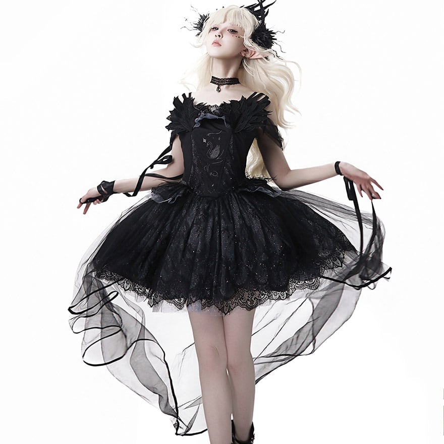 ゴスロリ ワンピース 黒鳥 ドレス 黒 アシンメトリー レース フェザー