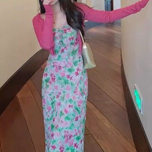 flower cami one-piece ,pink cardigan　＜d101045＞