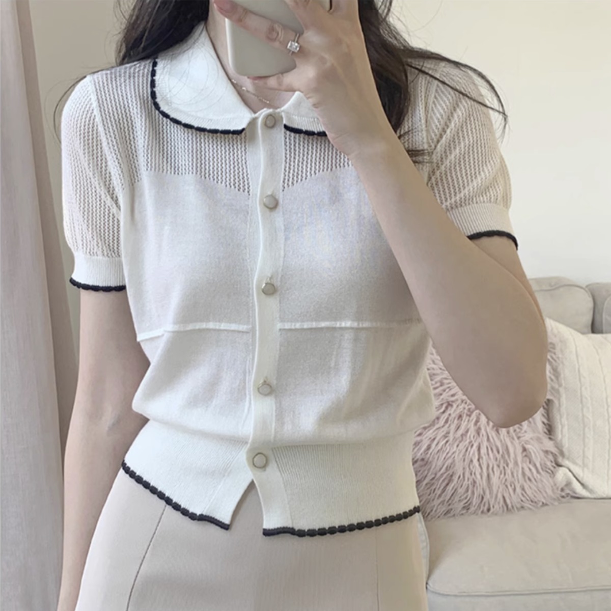 配色襟付きメッシュ切替ニット r001228 | reverie