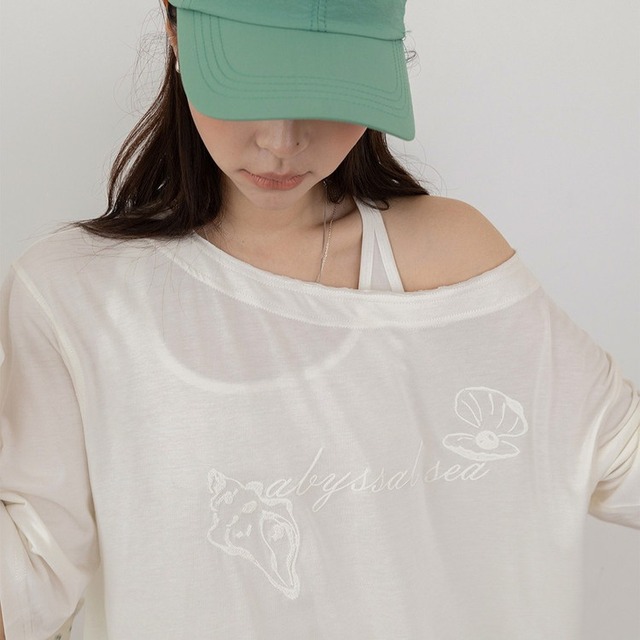 オフショルダーミドルスリーブ刺繍Tee 2color [am03872]