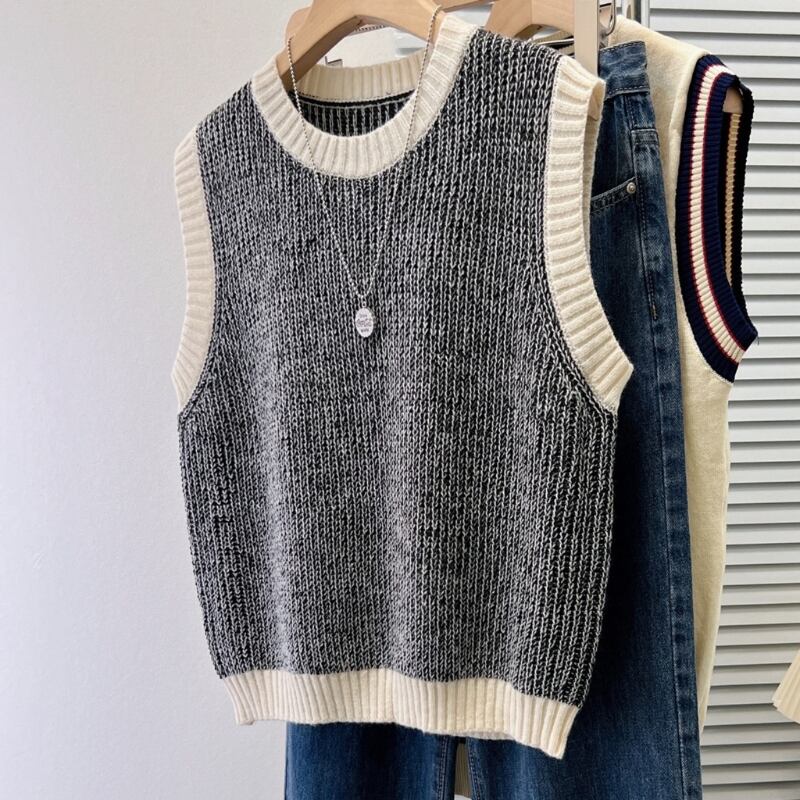 バイカラーステッチクルーネックニットベスト R00623