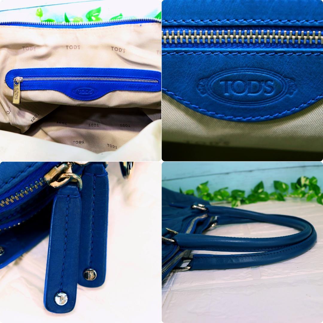Tod's ハンドバッグ 青 レザー ボストン型 ジップ開閉 大容量 ほぼ未
