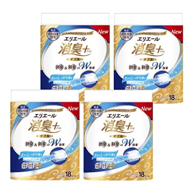 エリエール トイレットペーパー 消臭プラス(＋) 25m×72ロール (18ロール×4パック) ダブル パルプ100% 芯からしっかり香るフレッシュクリアの香り【ケース販売】